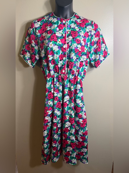 Appleseed's Dresses & Skirts - Vintage Appleseed's Floral Midi Dress 16P Pink Teal Rose Buttons Pockets